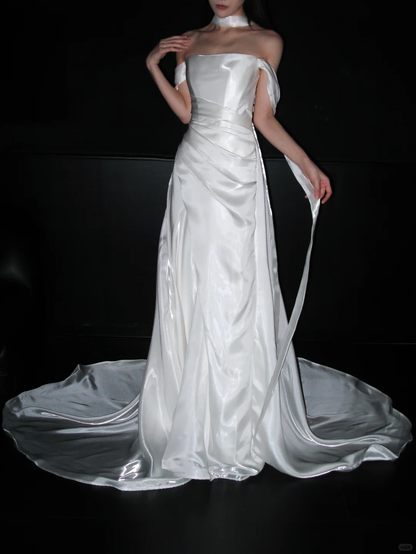 Elegant A Line Off the Shoulder White Pleated Satin Long Wedding Dress DP8105