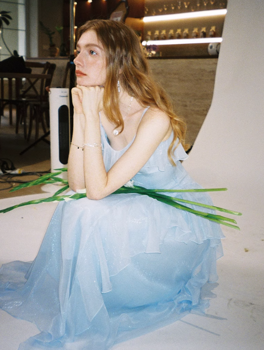 Gentle Baby Blue A Line Spaghetti Strap Ruffle Chiffon Prom Dress Vacation Dress Outfits DP3652