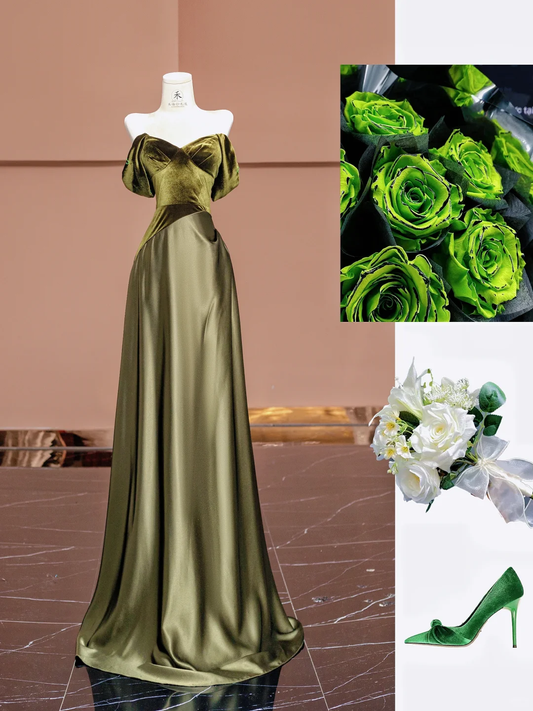 Olive Green Ball Gown Off the Shoulder Velvet Satin Prom Dress Wedding Guest Dress DP3878