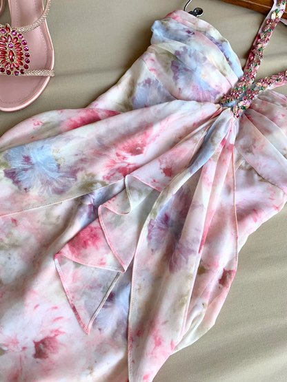 Pink Print Floral A Line Halter Beaded Chiffon Short Prom Dress Homecoming Dress DP6391