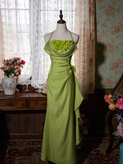 Vintage Mermaid Halter Green Flowers Chiffon Long Prom Dress DP295