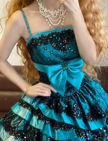 Blue Ball Gown Spaghetti Straps Black Lace Satin 16th Birthday Dress Party Dress Quinceanera Dress DP4089