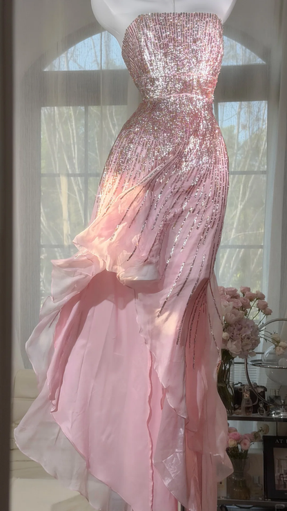 Pink Fairy A Line Strapless Shiny Sequin Chiffon Prom Dress Graduation Prom Dress DP4941