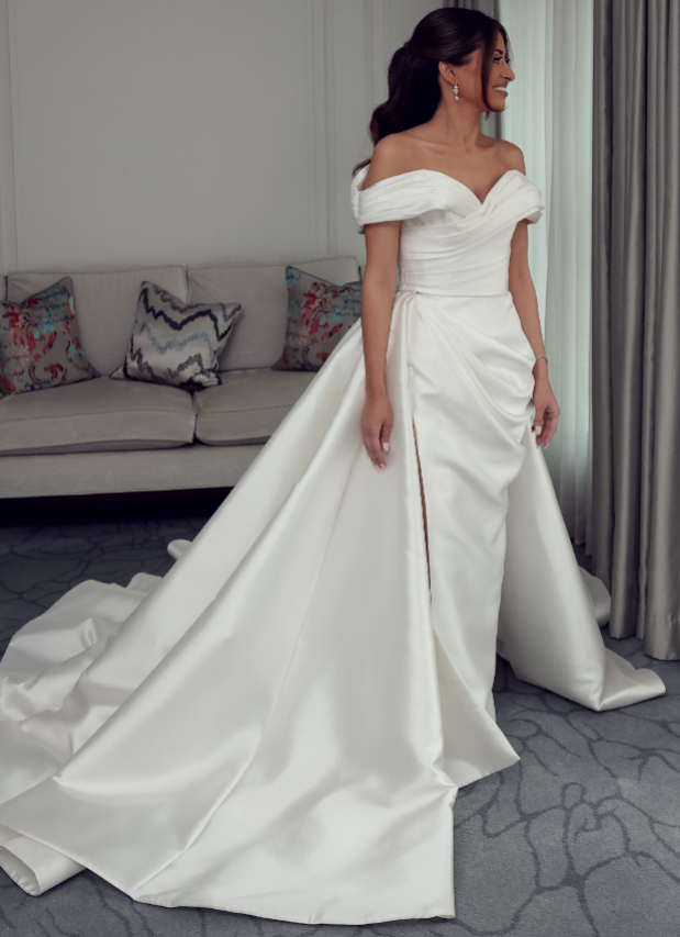 Elegant Mermaid Off the Shoulder Satin Long Sweep Wedding Dress DP1870