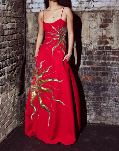 Chic A Line Spaghetti Straps Gold Embroidery Red Satin Prom Dress Evening Dress DP1469