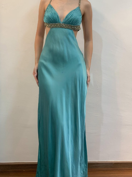 Vintage Sheath Spaghetti Strap Beaded Blue Satin Open Back Prom Dress Evening Dress DP1680