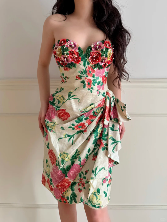 Beautiful Sequin Beaded Floral Satin Homecoming Dress DP5168