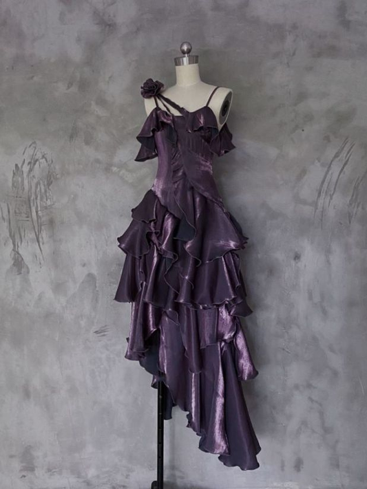 Dark Purple Asymmetrical Layered Ruffles Evening Gown Prom Dress Outfits DP666