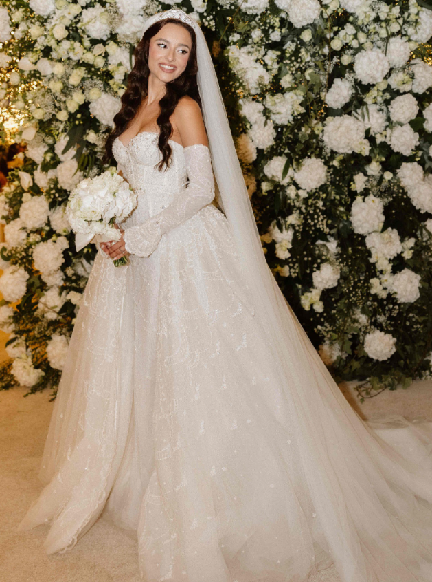Gorgeous Sweetheart Neck Long Sleeve Beaded Lace Tulle Long Sweep Wedding Dress DP1868