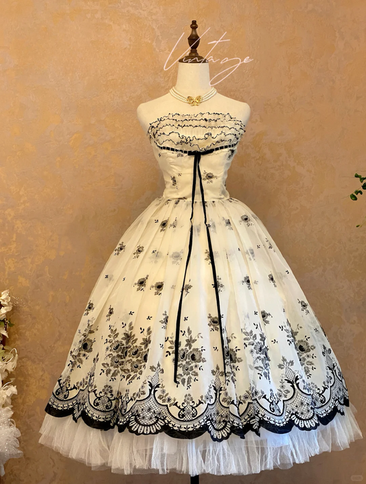 Vintage Black Print Floral Ball Gown Strapless Chiffon Prom Dress Graduation Ball Gown DP4577