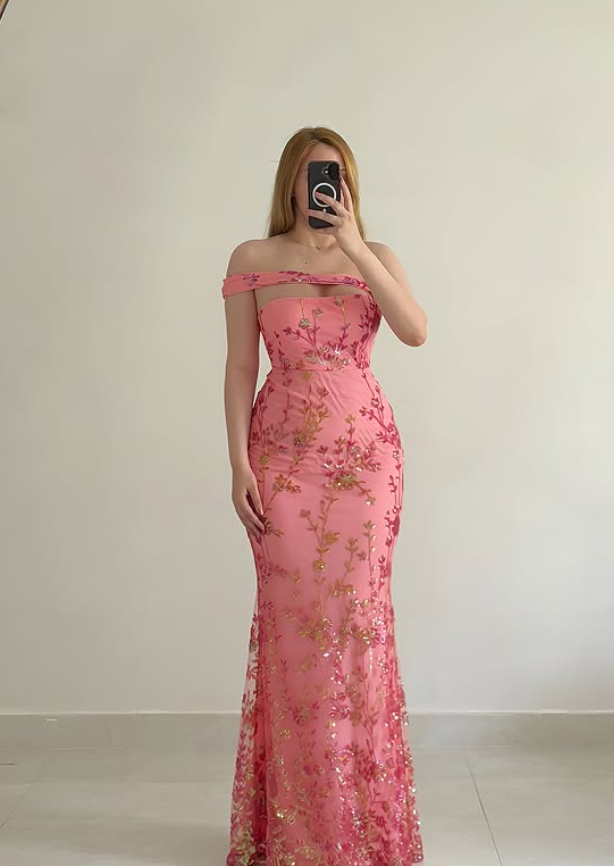 Pink Sheath One Shoulder Shiny Sequin Beaded Tulle Prom Dress Evening Dress DP6048