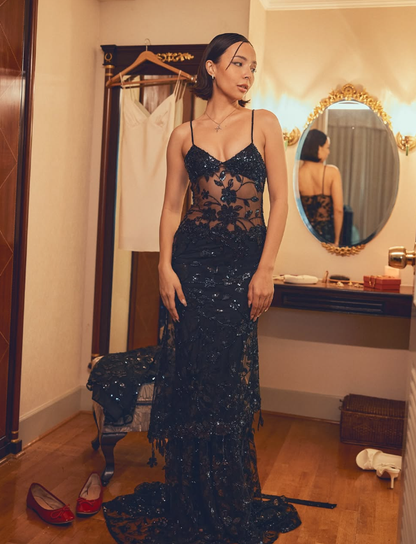 Exquisite Black Floral Beaded Sequin Tulle Long Evening Gown Prom Gown DP2919