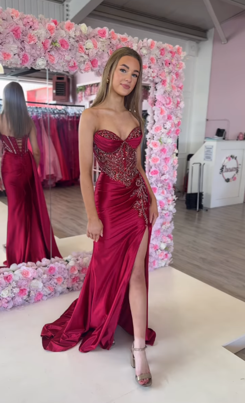 Luxurious Mermaid Strapless Beaded Burgundy Satin Slit Long Prom Dress Evening Dress DP6339