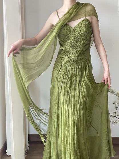Retro Green Mermaid Spaghetti Strap Beaded Pleated Chiffon Long Prom Dress Evening Dress DP3350