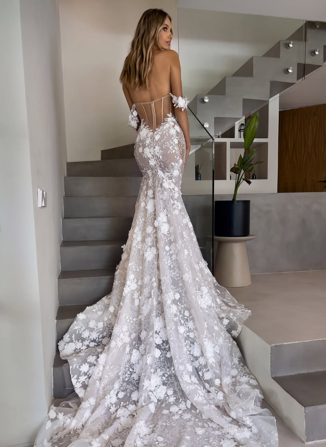 Glamorous Mermaid Off the Shoulder White Lace Backless Long Train Wedding Dress DP5835
