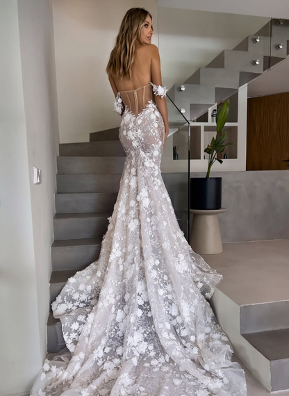 Glamorous Mermaid Off the Shoulder White Lace Backless Long Train Wedding Dress DP5835