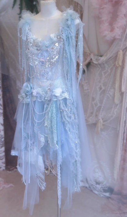 Baby Blue A Line Straps Floral Beaded Tulle Short Prom Dress 16th Birthday Dress DP3794