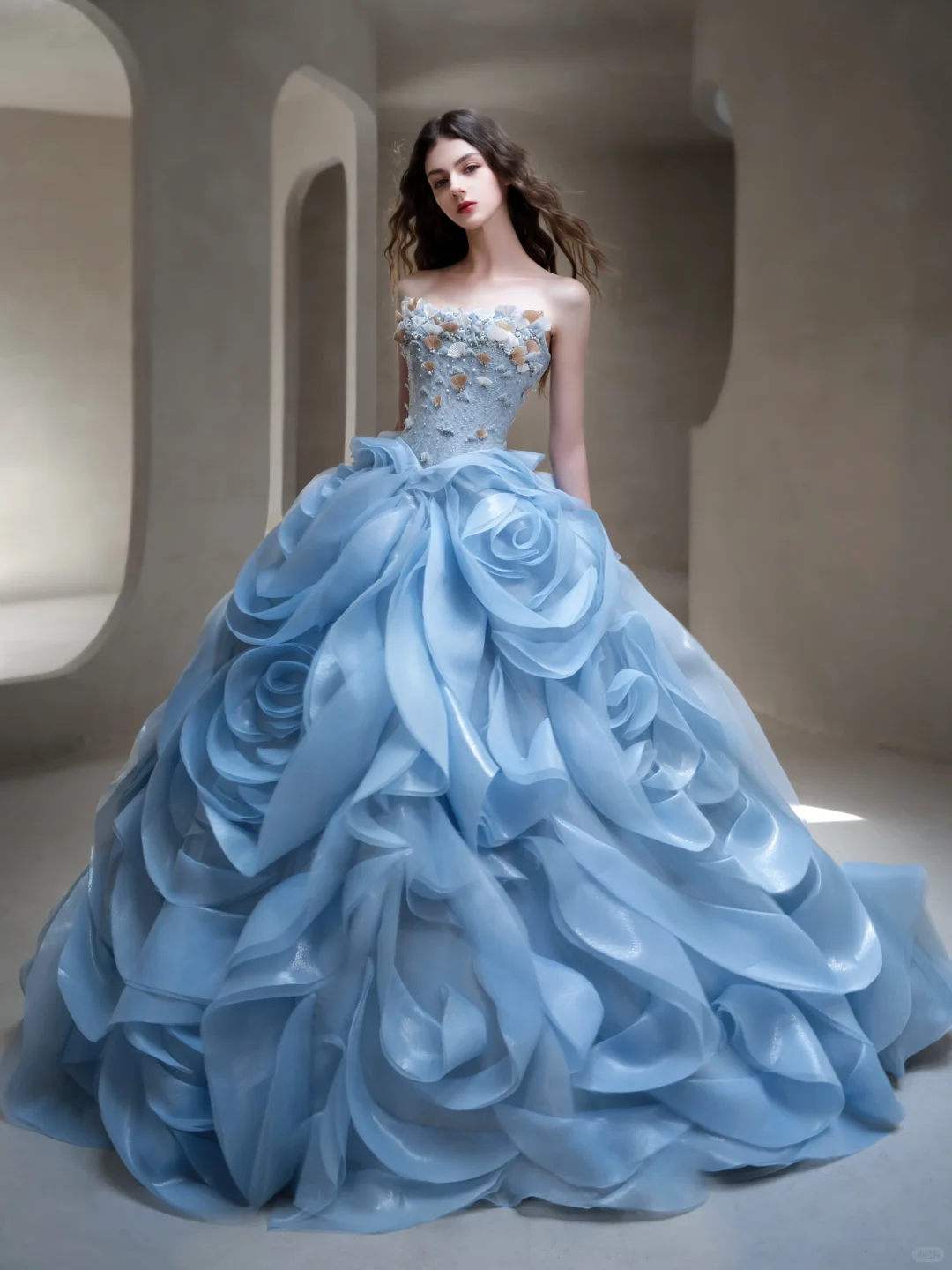 Exquisite Blue Floral Ball Gown Strapless Beaded Organza Long Prom Dress Evening Dress Formal Gown DP3435