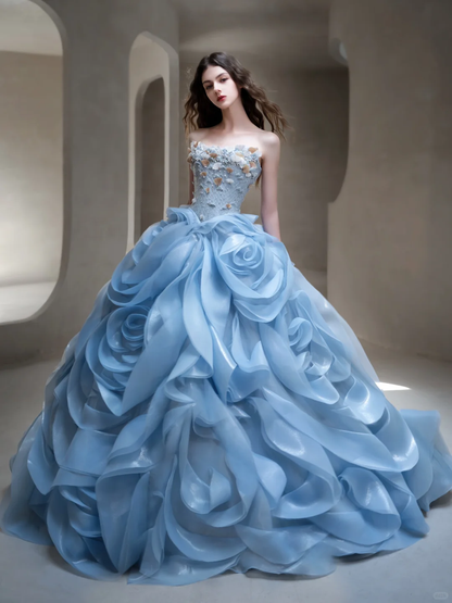 Exquisite Blue Floral Ball Gown Strapless Beaded Organza Long Prom Dress Evening Dress Formal Gown DP3435
