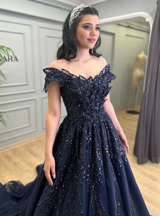 Stunning A Line Off the Shoulder Navy Blue Sequin Beaded Tulle Prom Dress Evening Dress DP1858