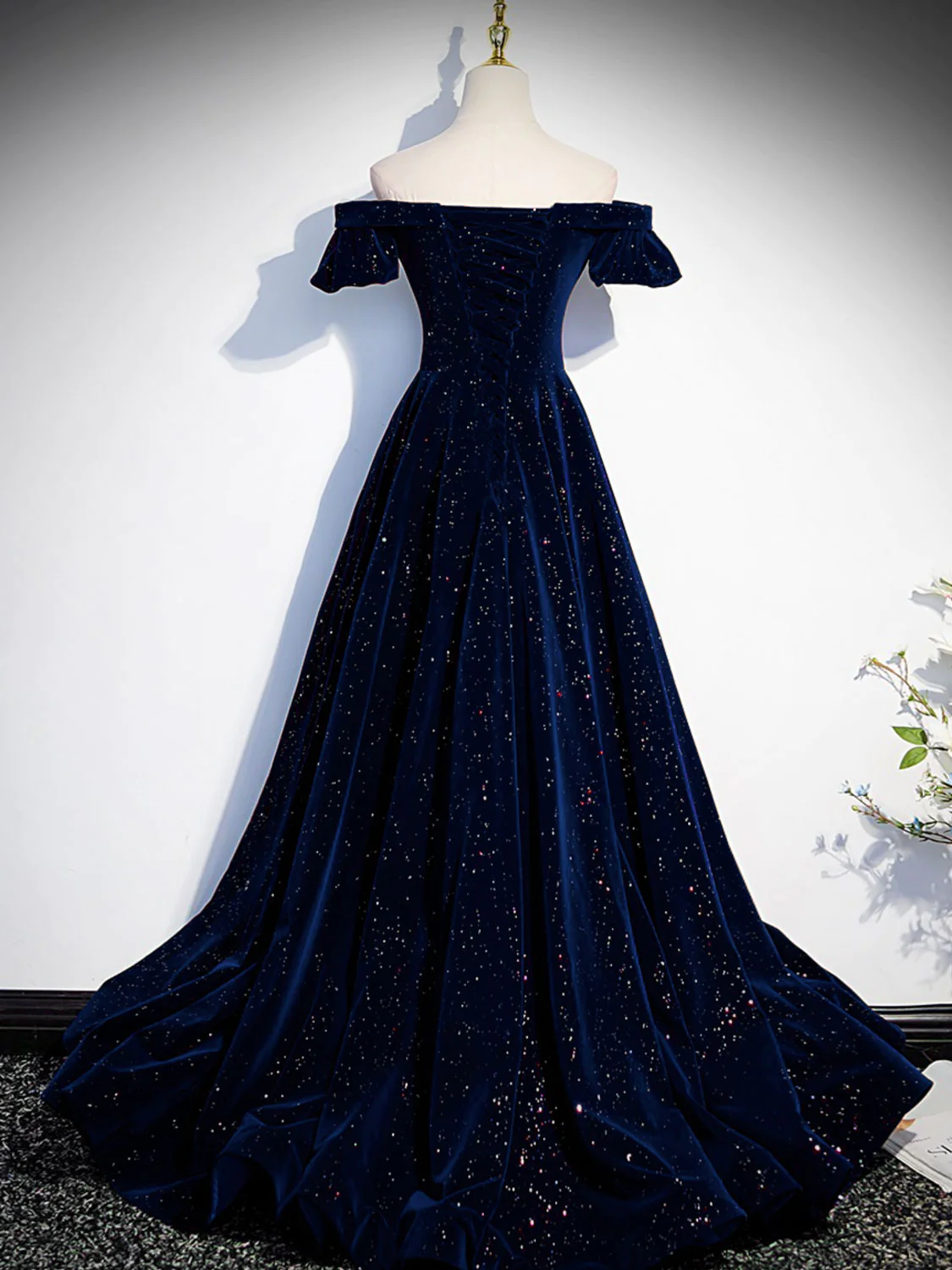 A-Line Off Shoulder Velvet Navy Blue Long Prom Dress Formal Evening Dress DP303