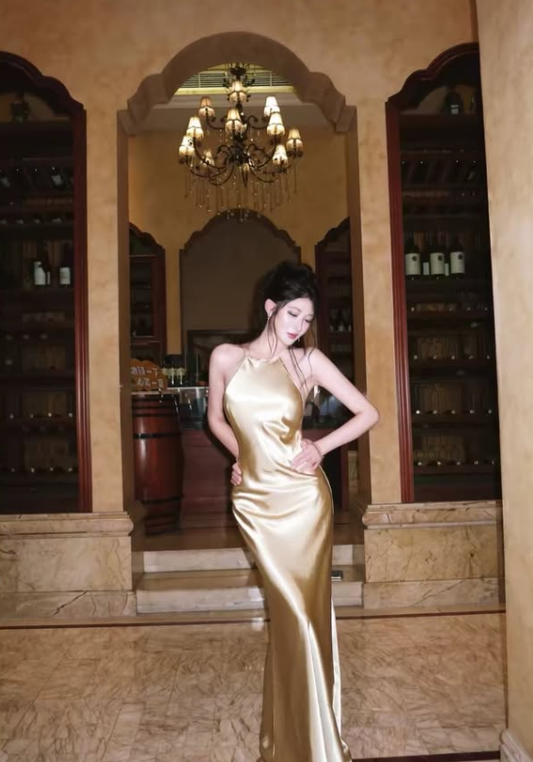 Backless Champagne Sheath Spaghetti Strap Satin Long Prom Dress Evening Dress DP7957