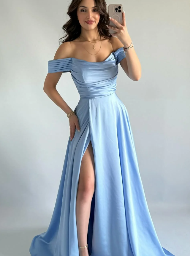 Simple Baby Blue A Line Off the Shoulder Satin Slit Prom Dress Evening Dress DP5260