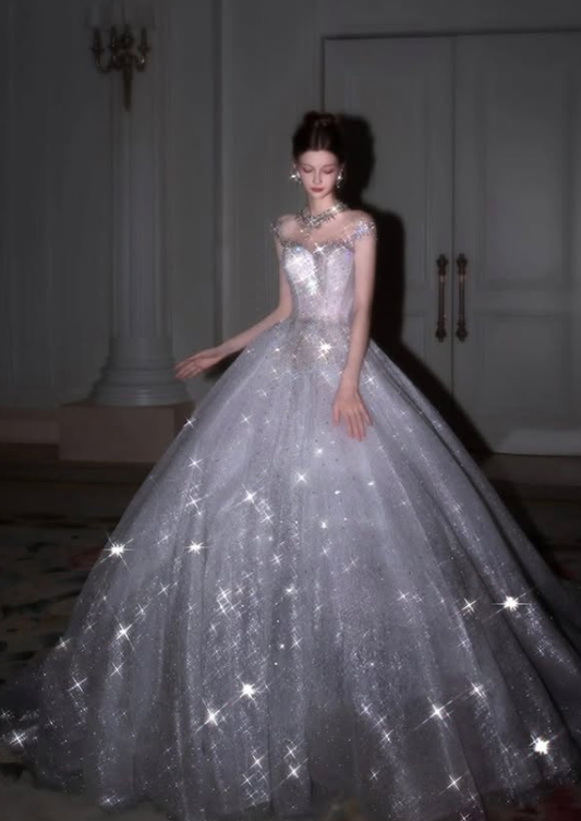 Stunning Shiny Ball Gown Exquisite Beaded White Tulle Long Prom Dress DP4921