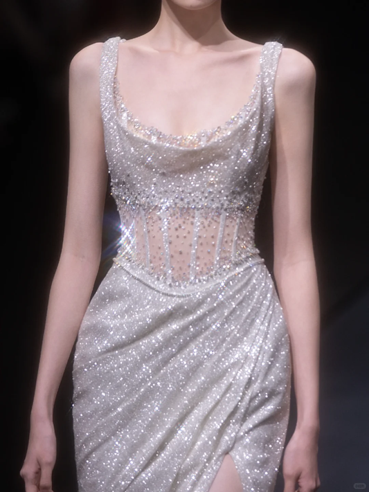Shiny Sheath Straps Corset Silver Sequin Prom Dress Evening Dress with Slit DP2799