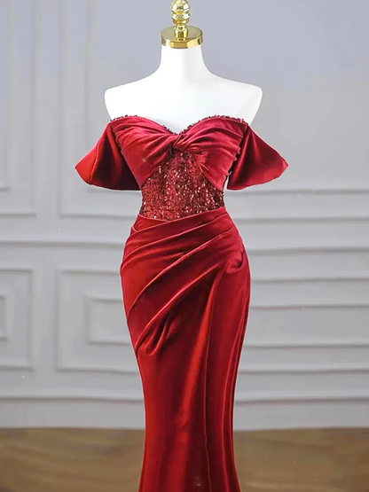 Sexy Red Velvet Sequins Long Slit Prom Dress Off the Shoulder Mermaid Party Dress DP391