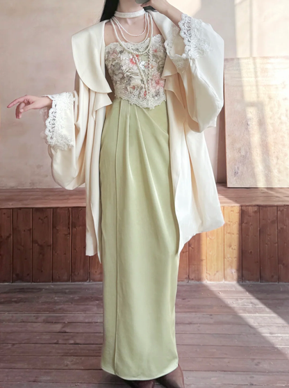 Vintage Sheath Straps Beaded Green Satin Prom Dress Evening Dress DP6458