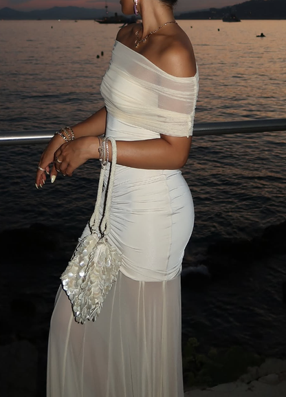 Champagne Mermaid Off the Shoulder Chiffon Satin Long Prom Dress Evening Dress DP1291