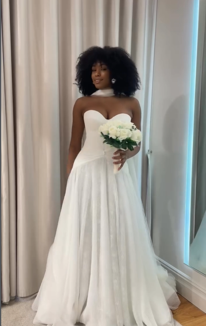 Simple A Line Sweetheart Neck White Lace Tulle Wedding Dress DP4664