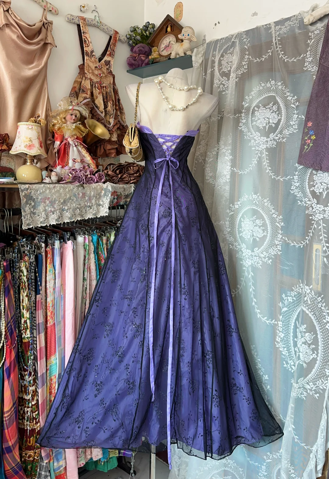 Vintage Purple A Line Strapless Printed Tulle Prom Dress Evening Dress DP8252