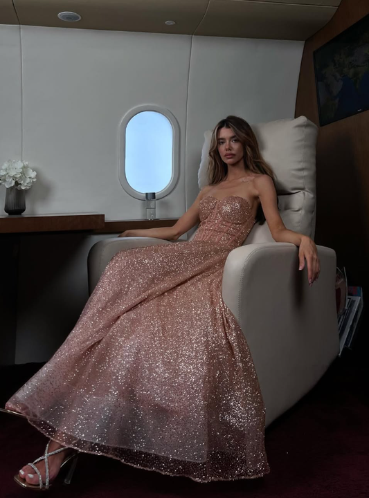 Romantic A Line Sweetheart Neck Shiny Pink Sequin Prom Dress Evening Dress DP4679