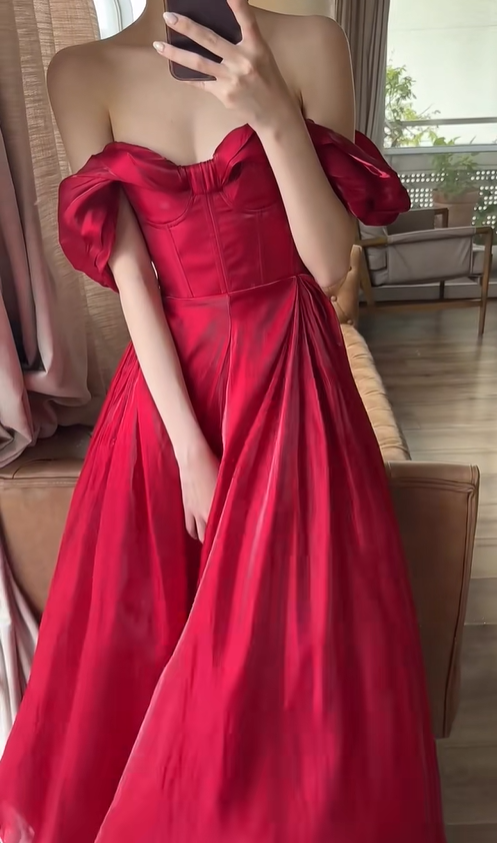 Stunning Burgundy A Line Off the Shoulder Satin Long Prom Dress Party Dress Outfits DP4523