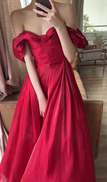 Stunning Pink A Line Off the Shoulder Satin Long Prom Dress Party Dress Outfits DP4526