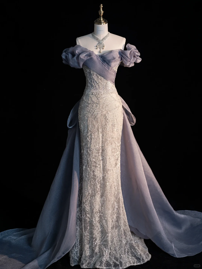 Stunning A Line Off the Shoulder White Sequin Purple Tulle Long Prom Dress Graduation Prom Dress DP2214