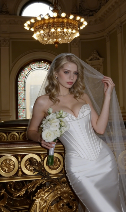 Stunning Mermaid Strapless Beaded Corset White Satin Wedding Dress DP3282
