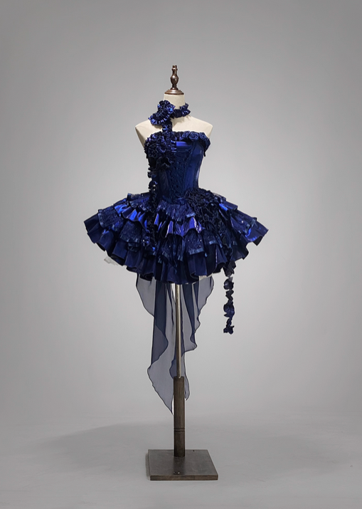 Blue Roses Neckline Lolita Goth Boning Dress Sequins Tiered Ruffle Dress DP4491