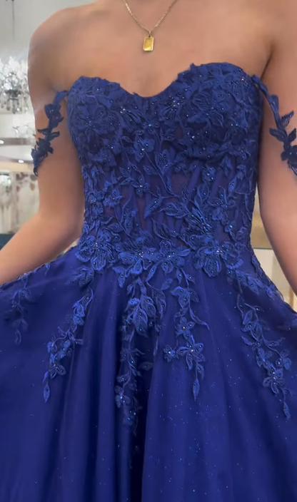Navy Blue A Line Straps Appliques Tulle Long Prom Dress Evening Dress DP5945