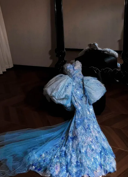 Blue Mermaid Sweetheart Neck Exquisite Rhinestone Layered Sequin Tulle Long Prom Dress DP4637