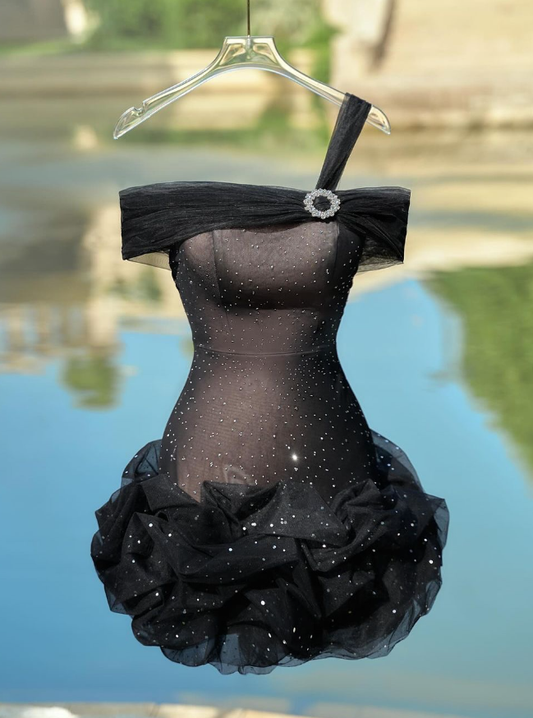 Cute Sheath Off the Shoulder Sequins Tulle Short Homecoming Dress Evening Dress DP1428
