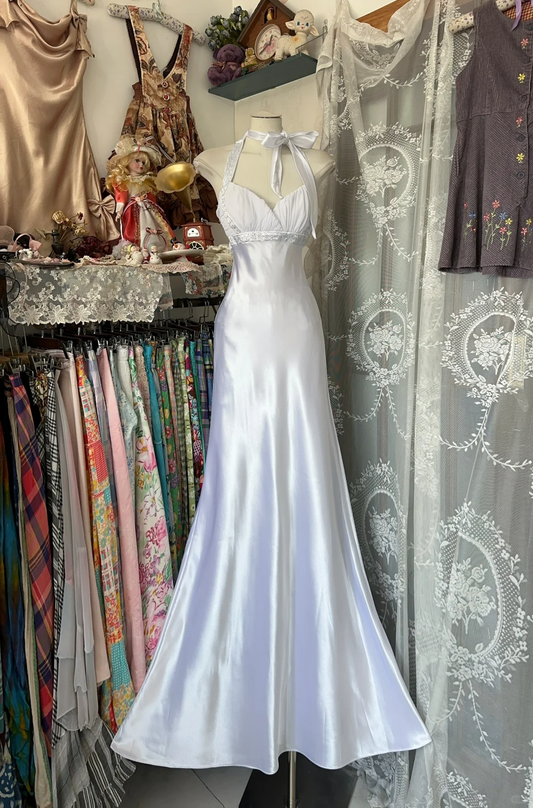 Vintage Mermaid Halter Beaded White Satin Backless Prom Dress DP4858