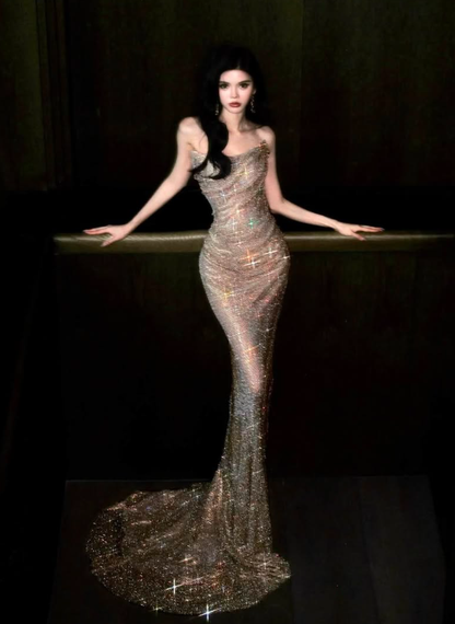 Shiny Gold-brown Mermaid Strapless Sequin Long Prom Dress Evening Dress DP6626