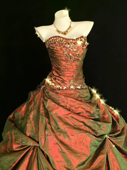 Vintage Burgundy A Line Strapless Beaded Satin Long Prom Dress DP4715