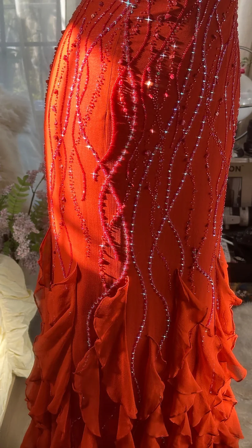 Romantic Orange Mermaid Spaghetti Strap Beaded Ruffle Chiffon Prom Dress Evening Dress DP2883
