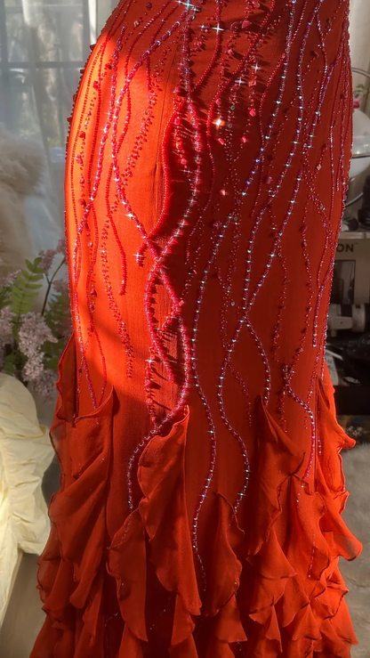 Romantic Orange Mermaid Spaghetti Strap Beaded Ruffle Chiffon Prom Dress Evening Dress DP2883