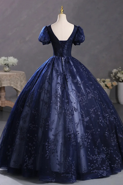Navy Blue Appliques Beaded Long Prom Dress Evening Party Dress Ball Gown DP489