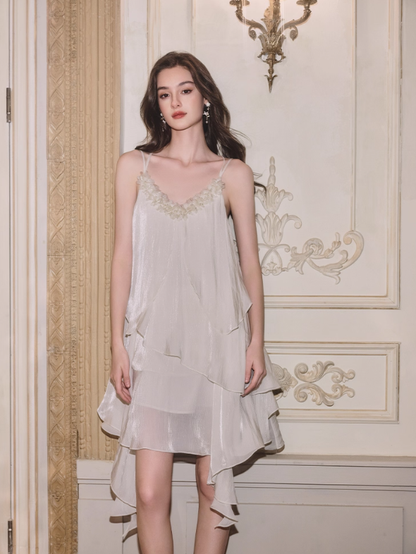 Flowy A Line Spaghetti Strap Beaded Chiffon Short Homecoming Dress Vacation Dress DP3644